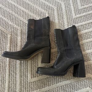 Vintage Black Heeled Boots with Chunky Block Heel